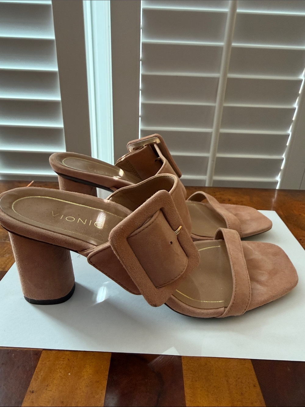 Vionic Blush Suede Buckle Block Heel Slides